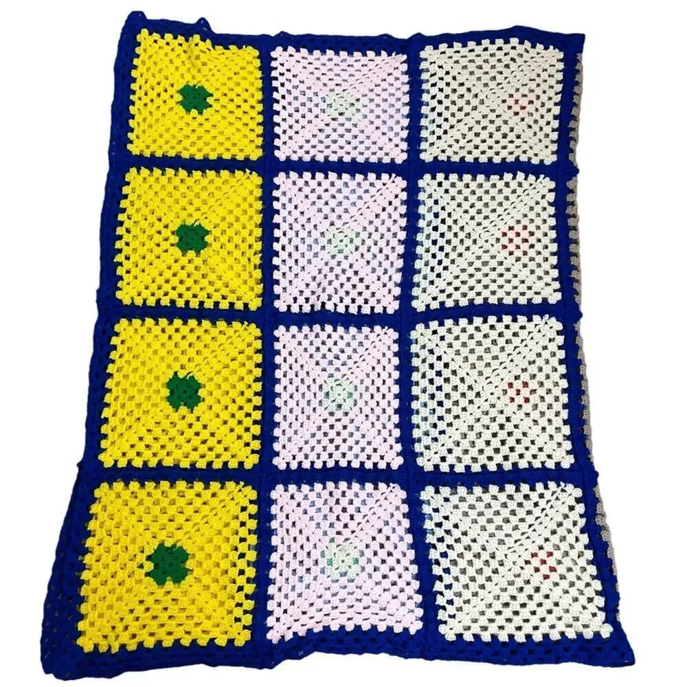 Vintage Afghan Handmade Granny Square Crochet Knit Blanket Multicolored Throw